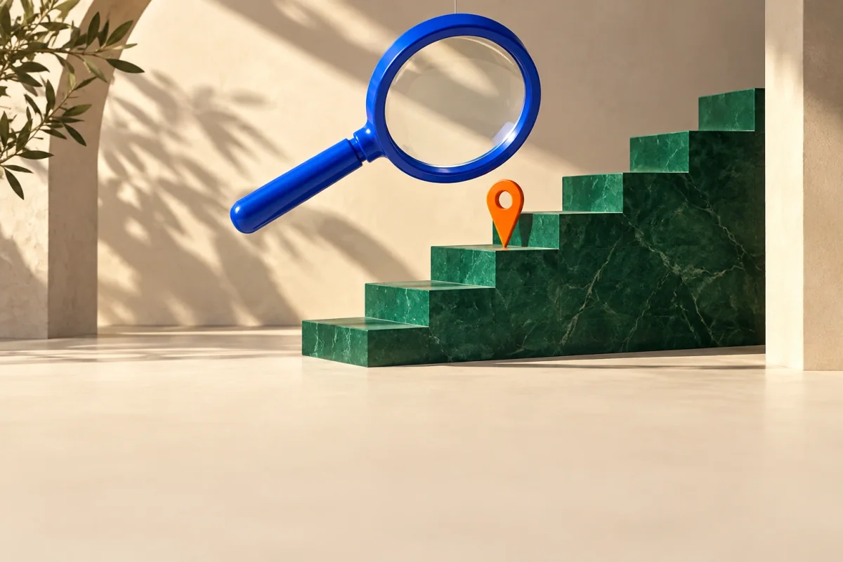 A blue magnifying glass examines a location marker on a green staircase.