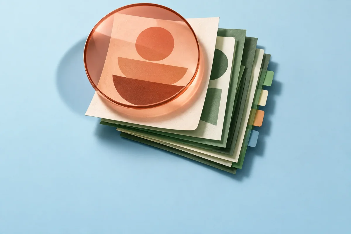 A translucent terracotta lens examines a summary above layers of source pages.
