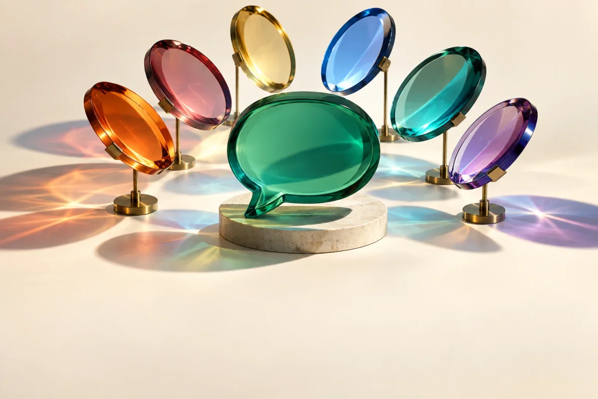 Colored optical lenses surround a green glass speech bubble, illustrating different views of AI answers.