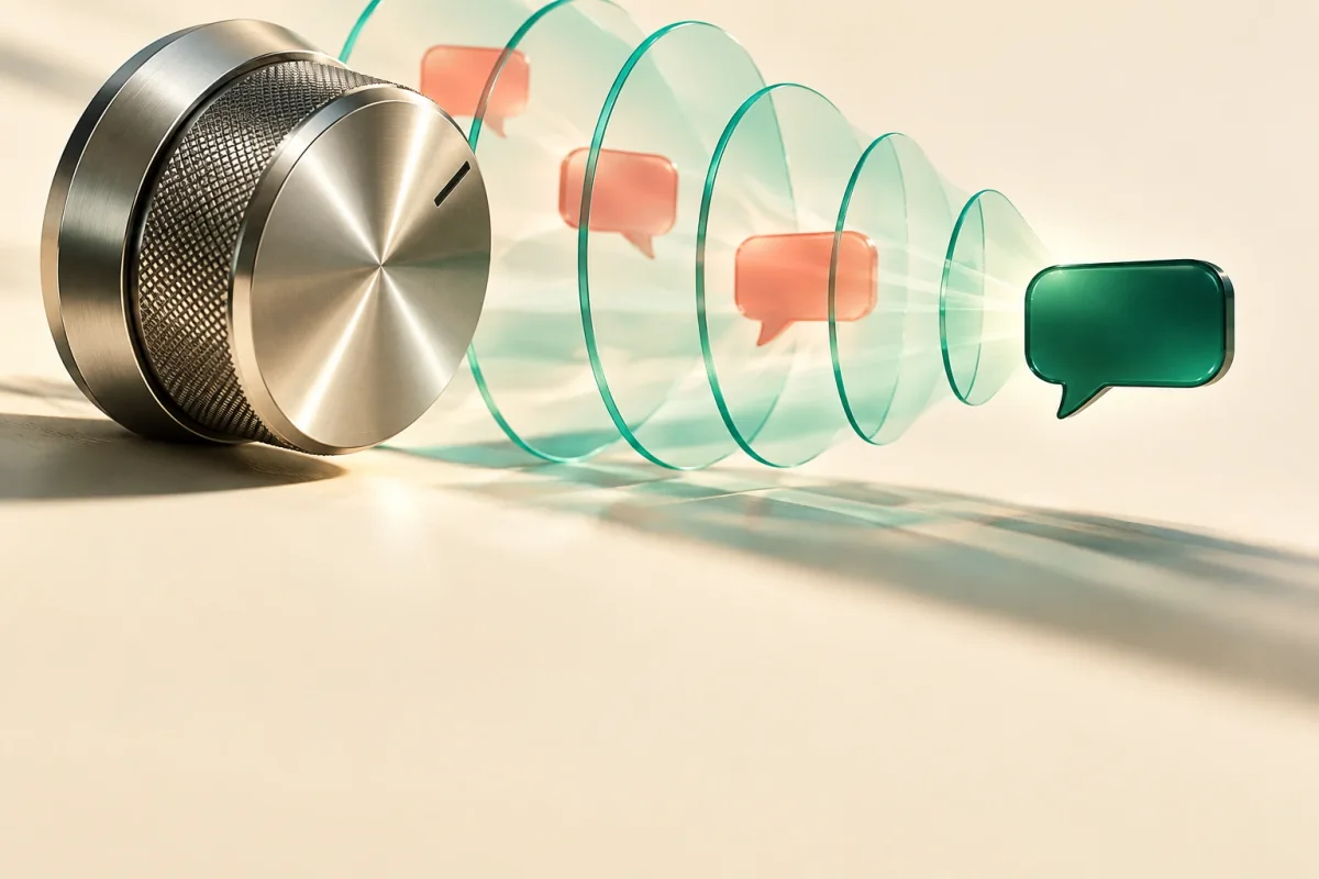 A tuning dial focuses translucent sound waves and scattered conversations into one clear speech bubble.