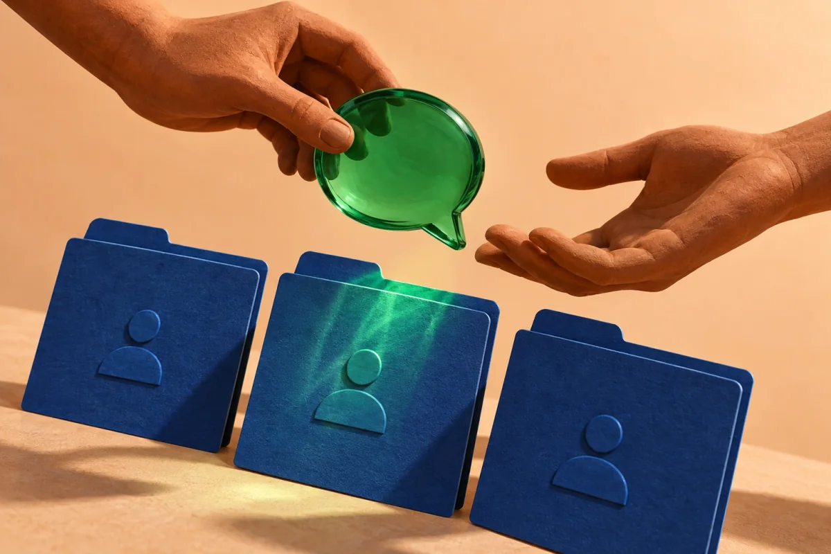 Two sculptural hands pass a green glass conversation bubble above blue client folders.