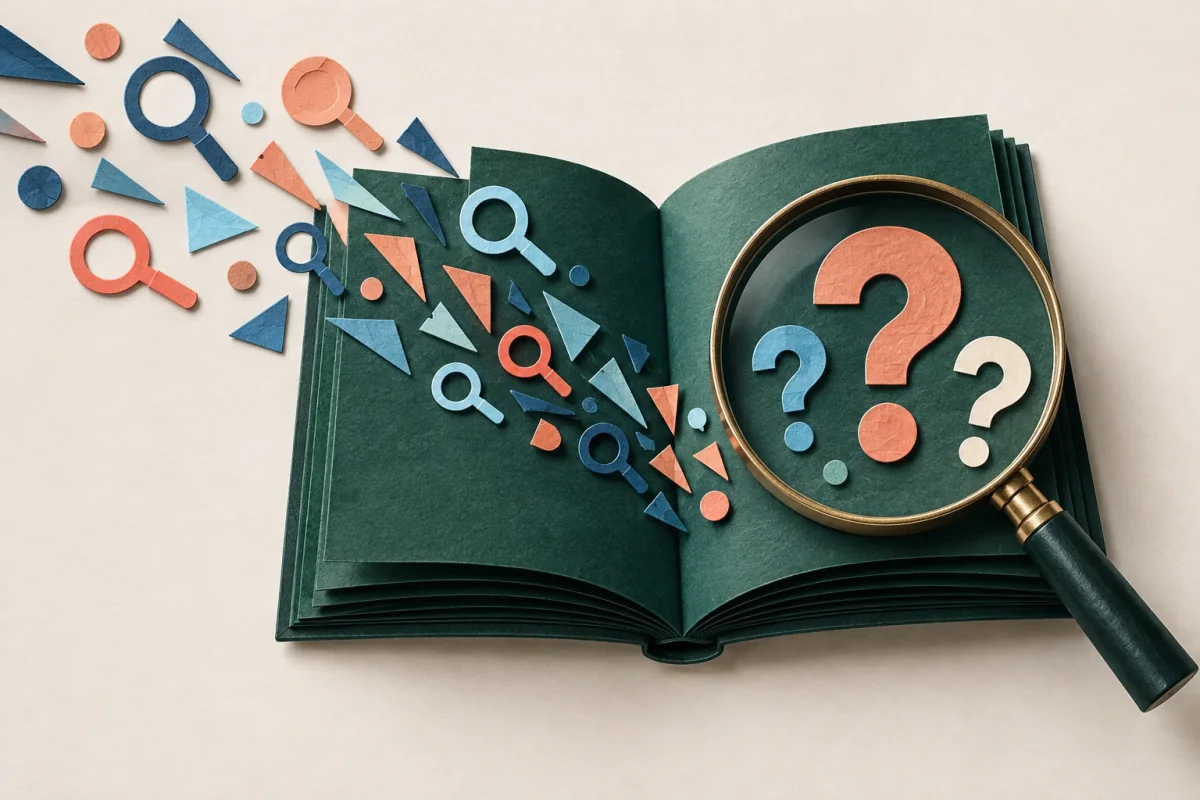 Paper search symbols gather in an open green book, with a magnifying glass over buyer questions.