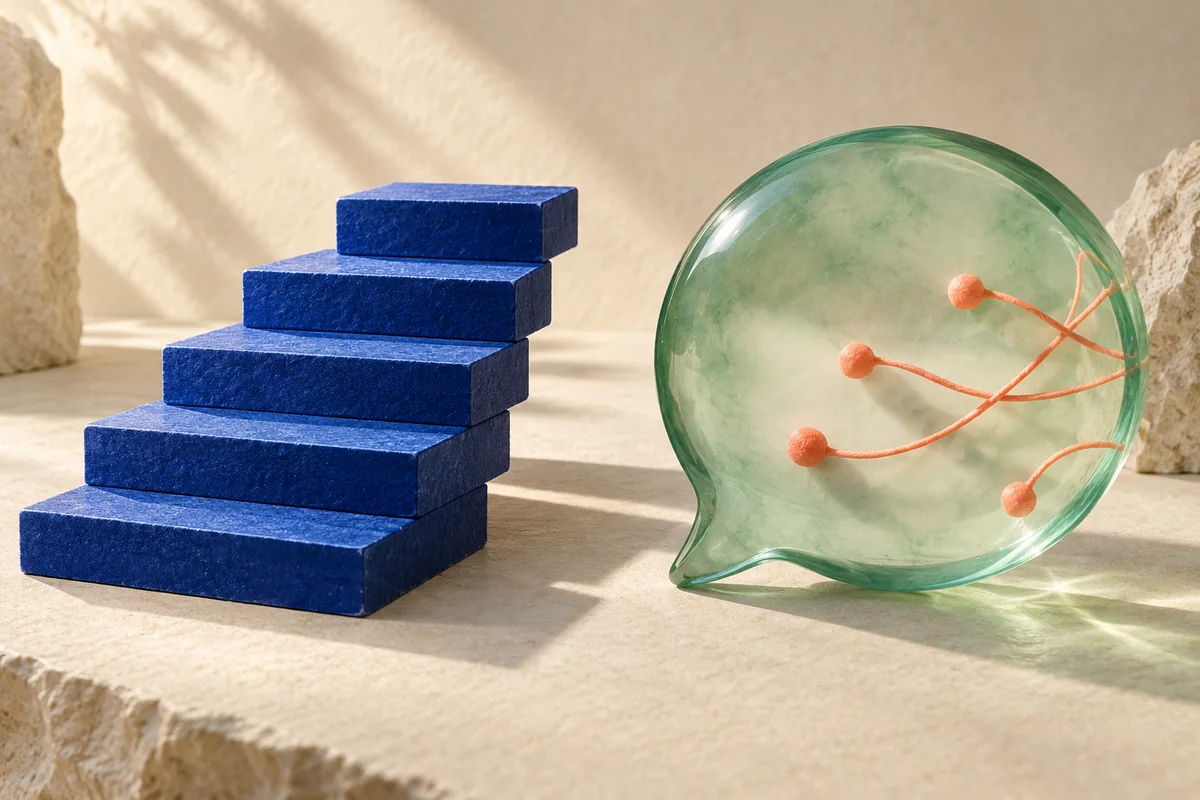 A stack of cobalt tiles stands beside a jade glass speech bubble containing coral threads.