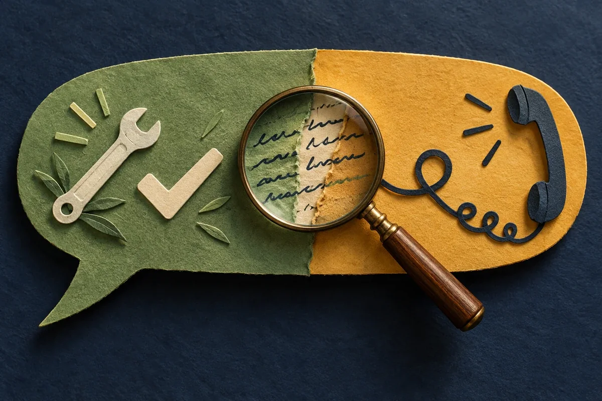 One paper speech bubble contains a repair tool and check mark on one side and a telephone on the other, with a lens over the join.