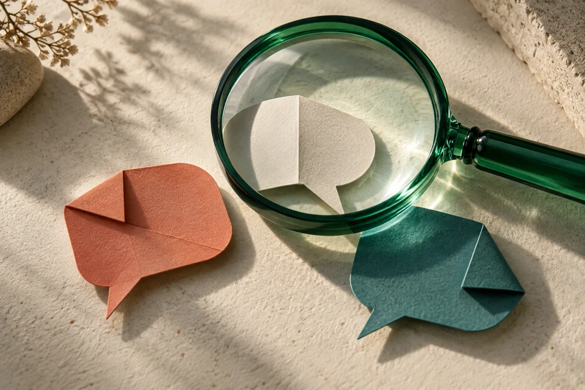 An emerald magnifying glass rests over folded cream, coral and teal paper speech bubbles.