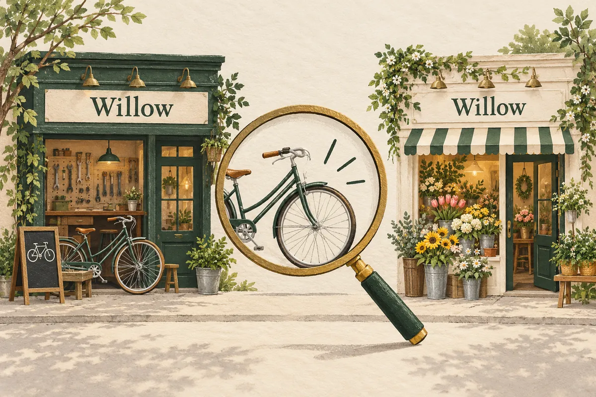 Two illustrated Willow storefronts sell bicycle repairs and flowers; a magnifying glass focuses on the bicycle shop.