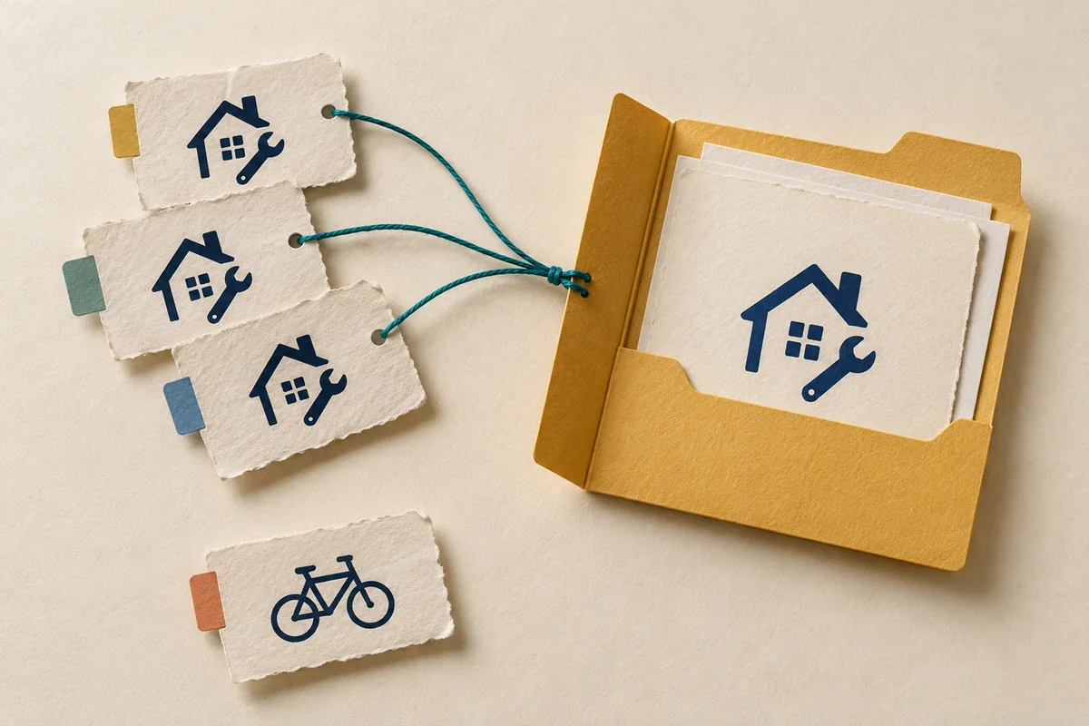 Three paper slips with the same house and spanner connect to one folder, while a bicycle request remains separate.