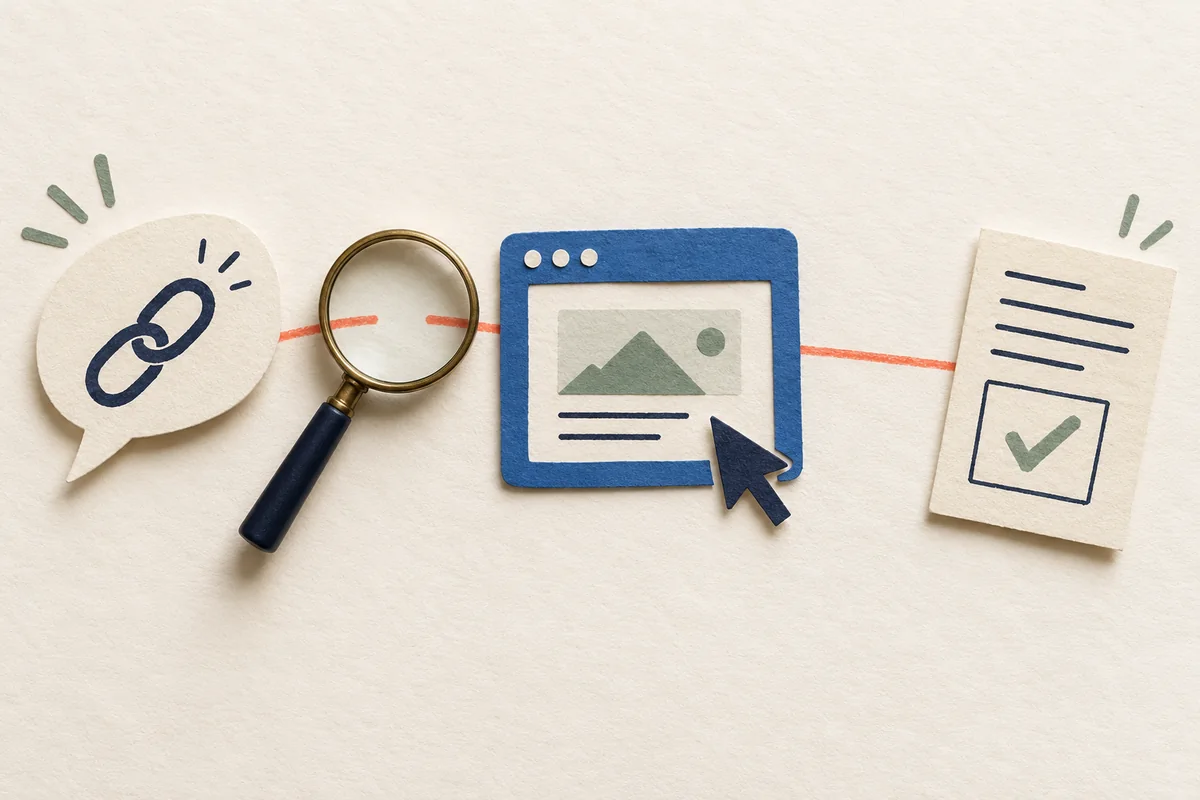 A magnifying glass examines a gap between a citation speech bubble and a website, with an enquiry slip beyond it.