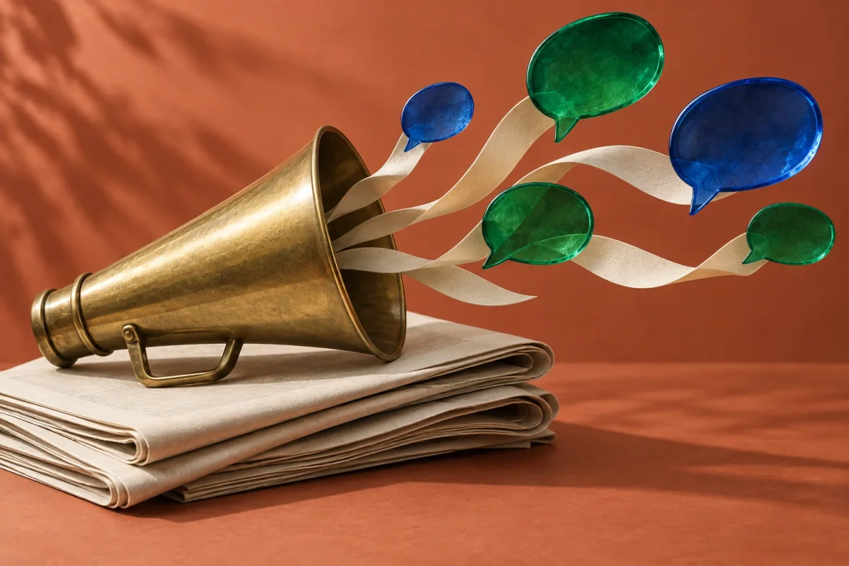A brass megaphone sits on folded cream paper with green and blue glass speech bubbles.