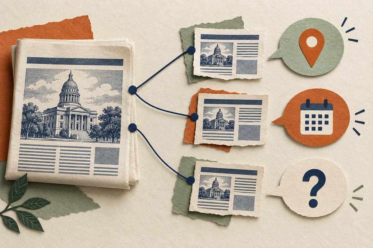 Paper illustration of an announcement spreading to several clippings, beside location, calendar and question speech bubbles.