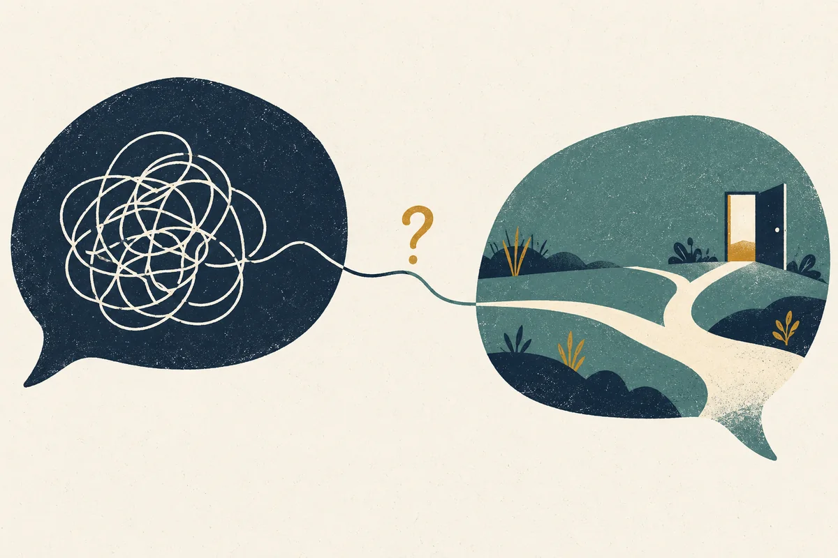 Two illustrated speech bubbles connect a tangled thread to a branching path, with a question mark between them.