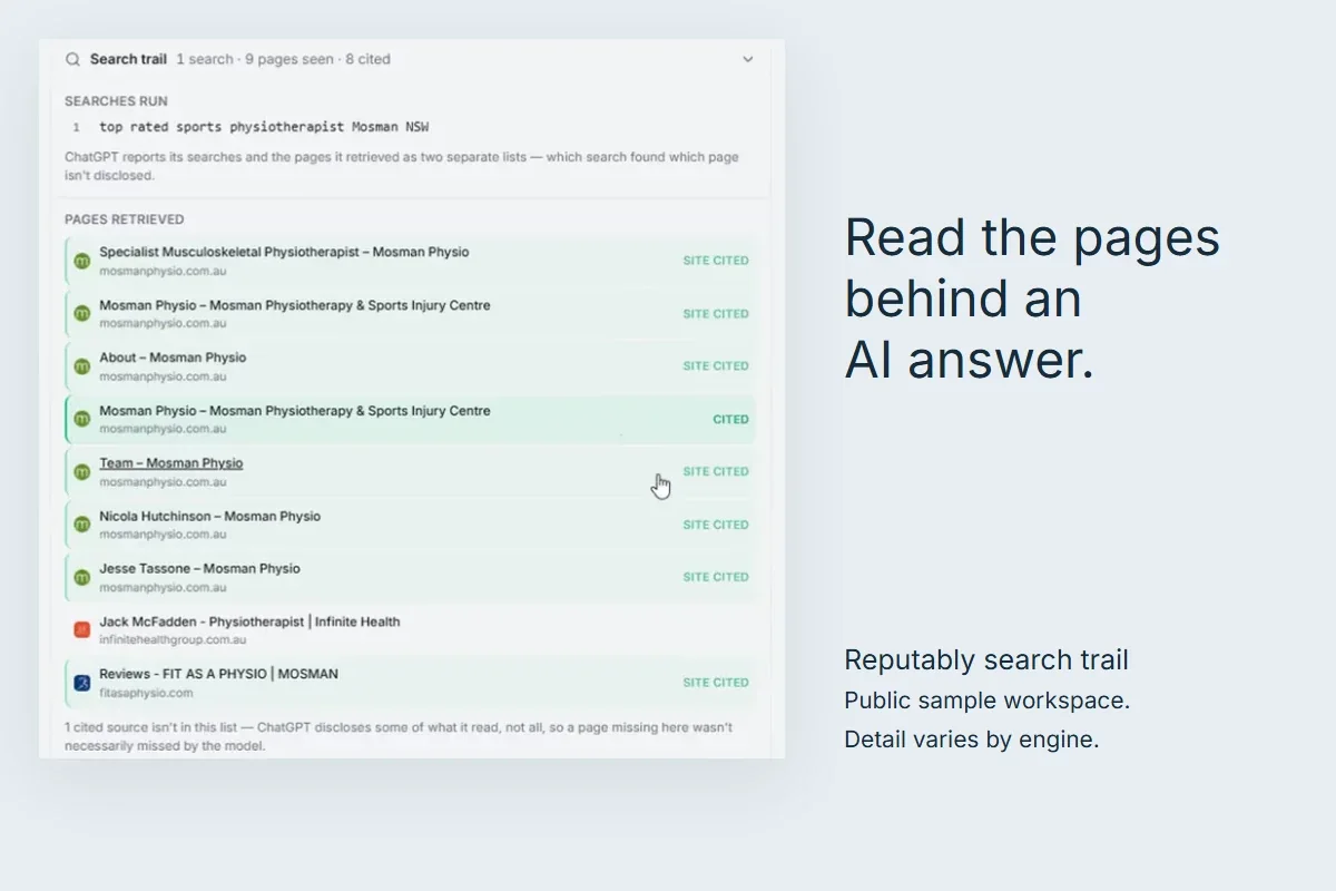 Reputably public sample search-trail view showing a disclosed query, retrieved pages and citations.