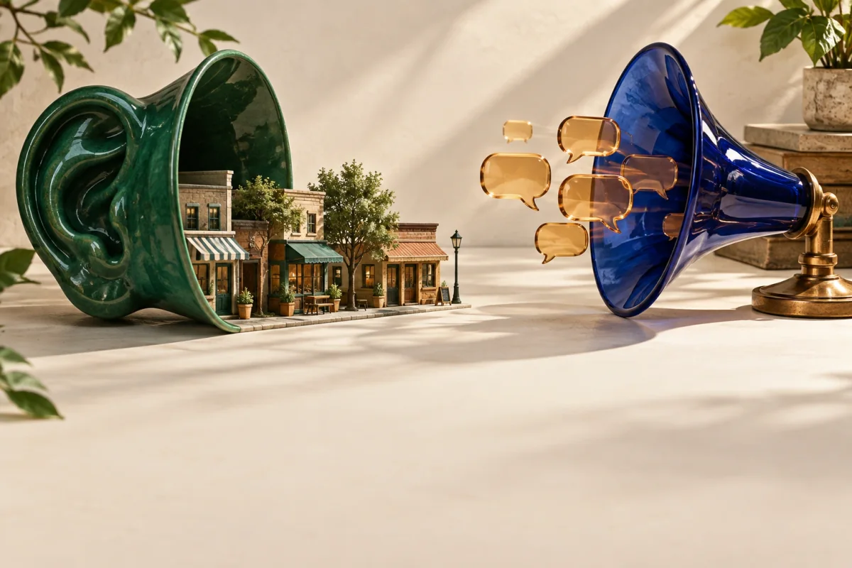 An emerald listening funnel surrounds miniature shops beside a blue horn and amber conversation bubbles.
