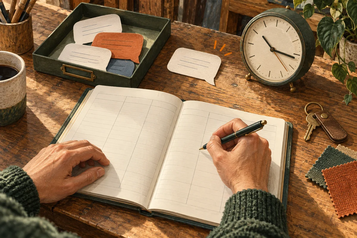 An illustrated desk with customer-request notes, a clock and a business owner planning time in an appointment diary.