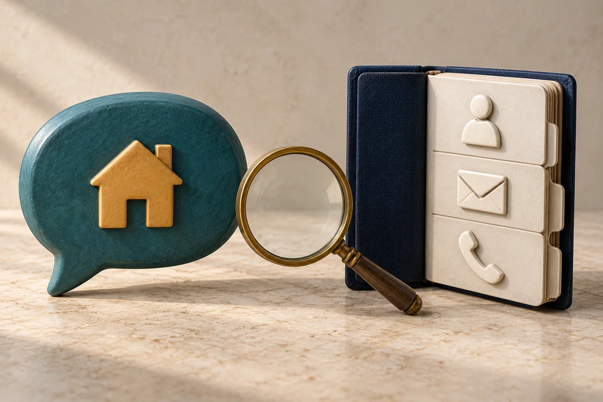 A teal speech bubble with a house faces an address book with person, envelope and phone symbols, with a magnifying glass between them.