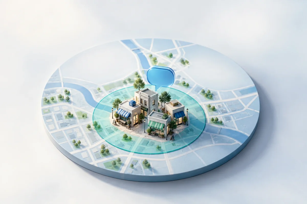 Miniature shops sit inside a teal service-area ring, with a blue conversation bubble above them.