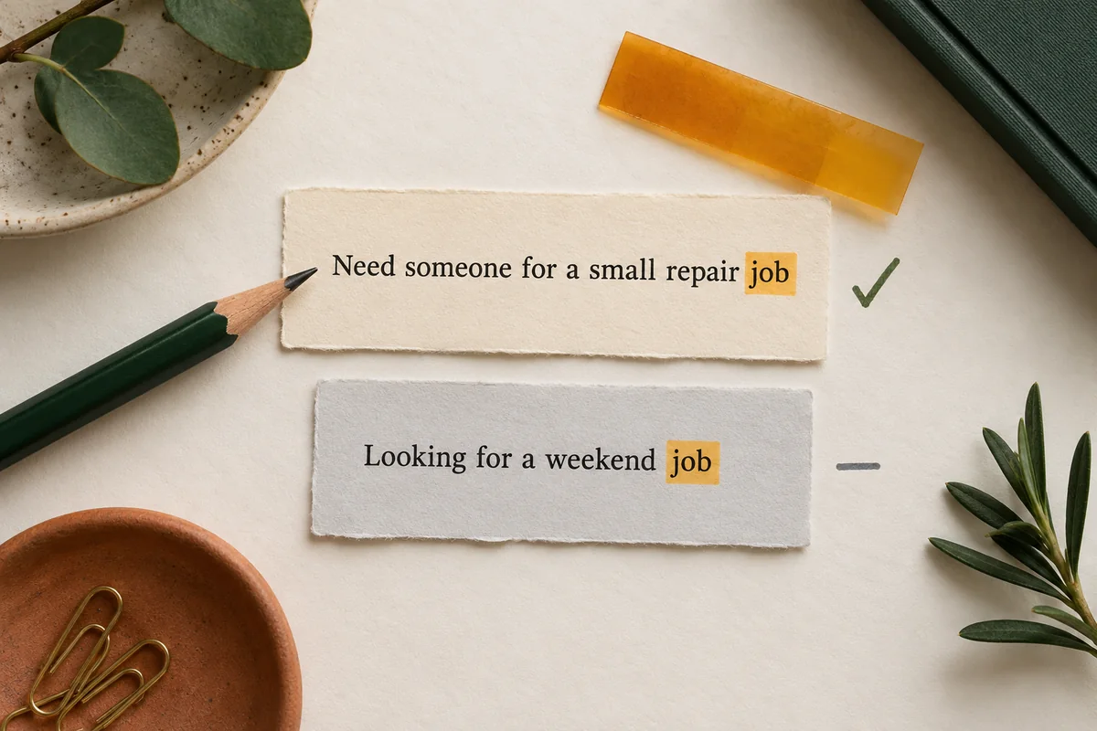 Two invented paper requests share the highlighted word job: a small repair request and a weekend employment request.
