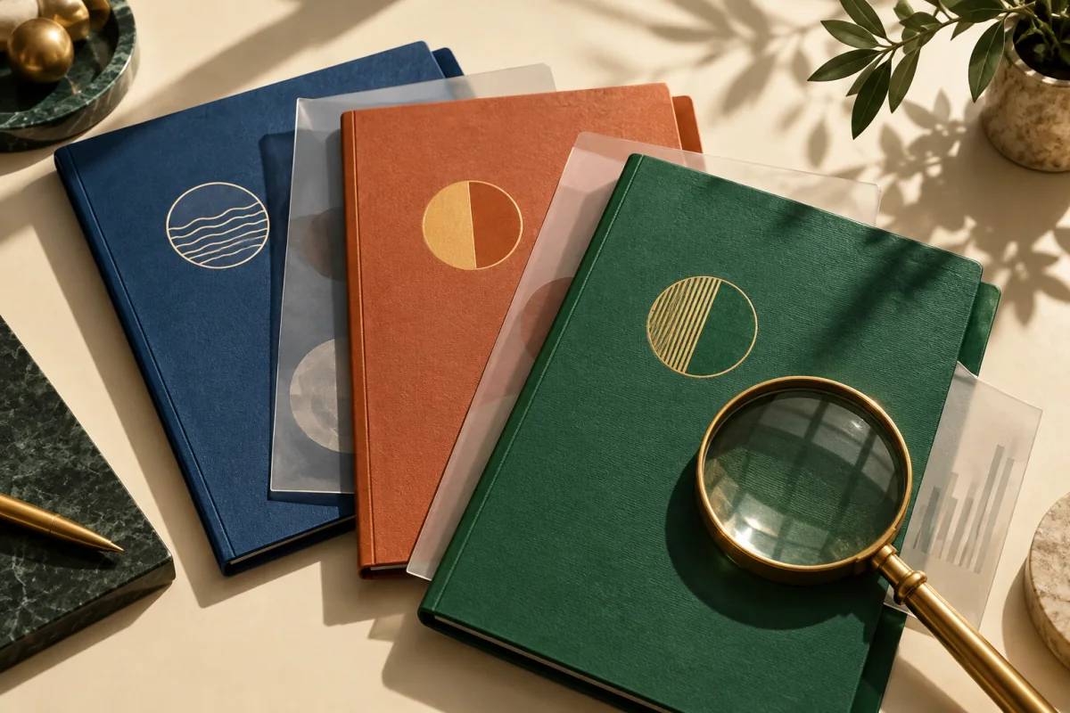 Distinct client folders and translucent report sheets sit beneath a magnifying glass.
