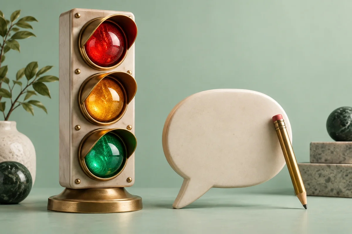 A red, amber and green traffic light stands beside a review bubble and a pencil.