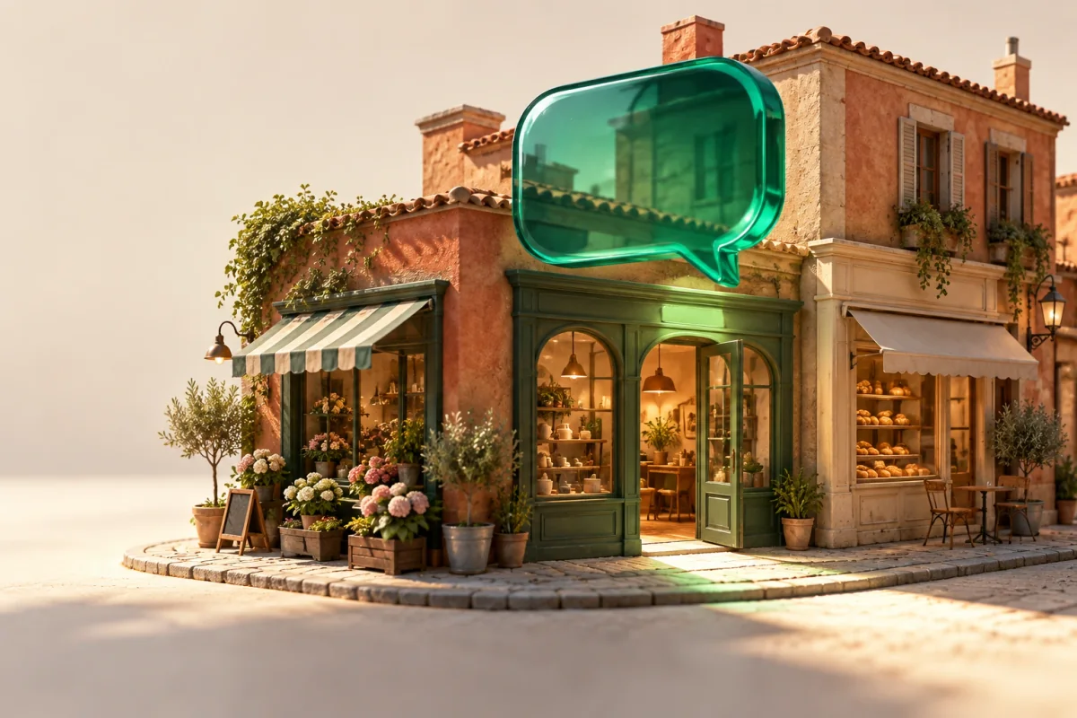 A green glass conversation bubble illuminates one shop in a miniature street.