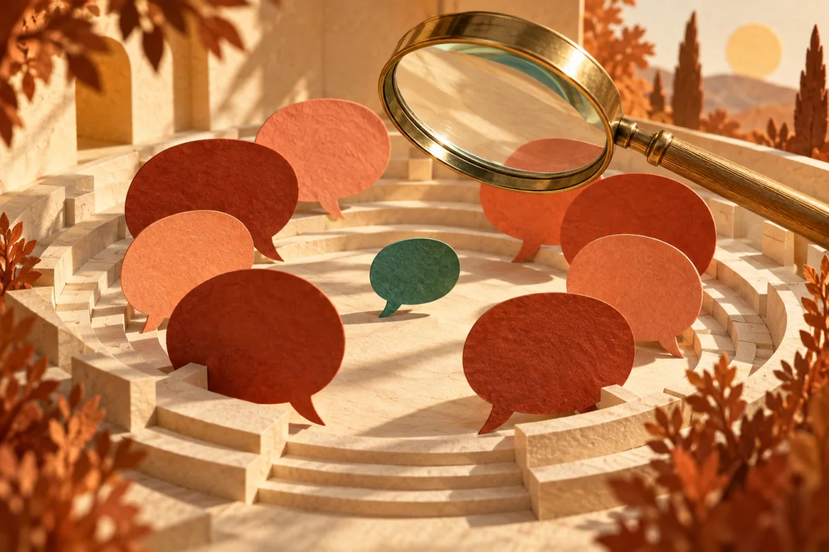 A magnifying glass examines a circle of paper conversation bubbles in a community amphitheater.