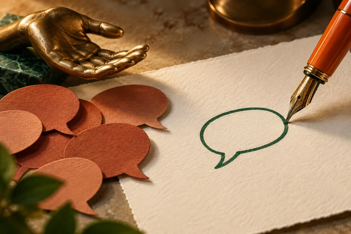 An orange fountain pen draws a green reply bubble beside a cluster of paper conversations.