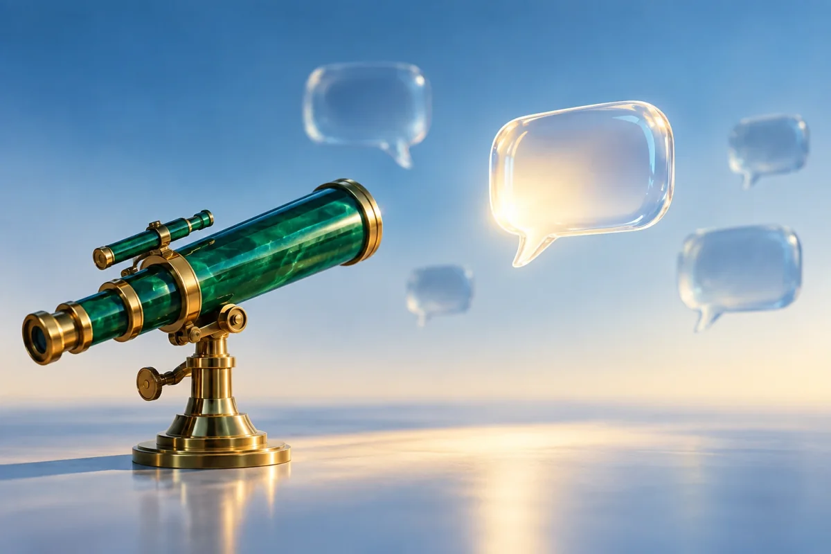 An emerald telescope observes an illuminated conversation bubble among several distant answers.
